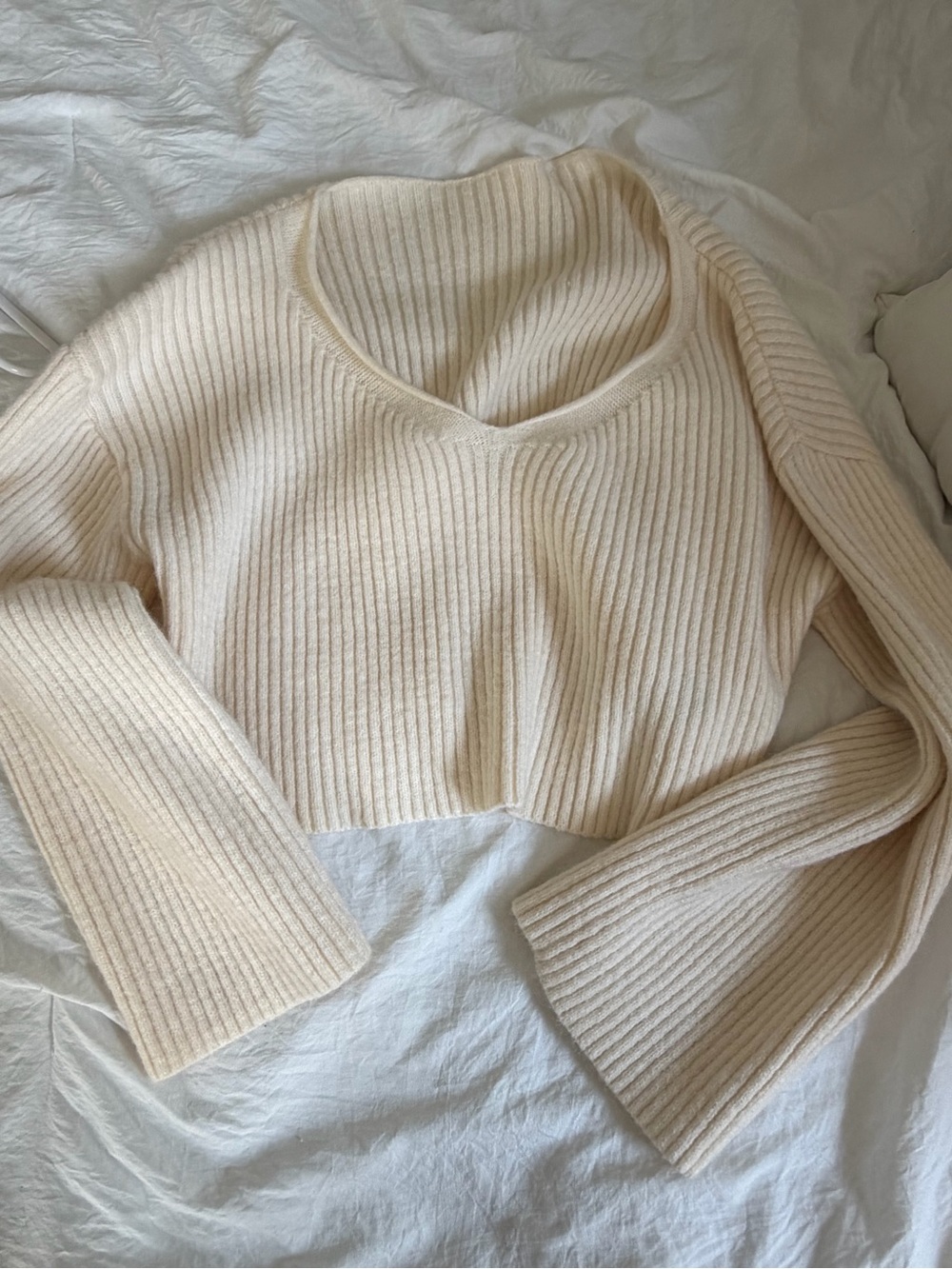 Cream Ribbed V-Neck Women's Sweater